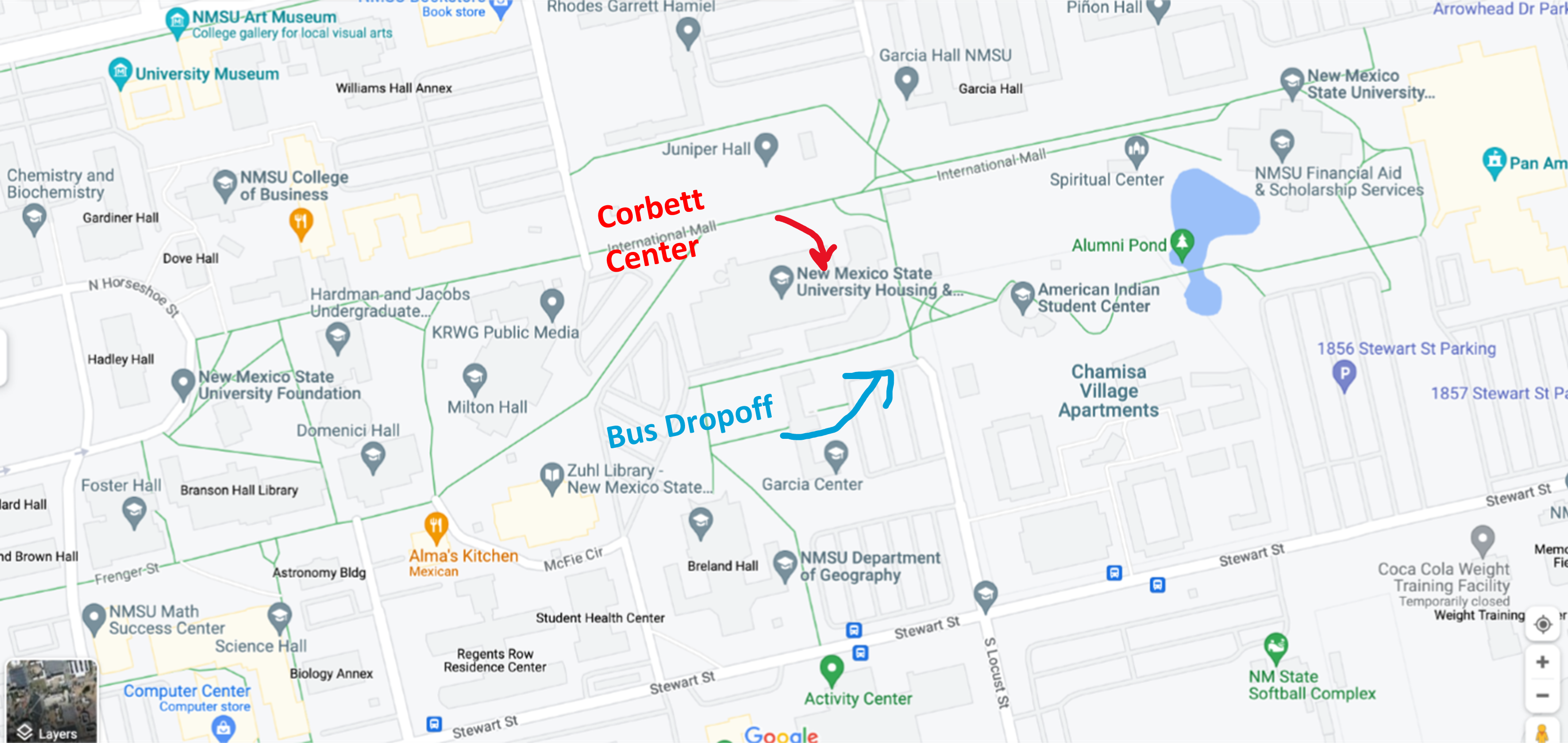 NMSU campus map showing Corbett Center and the nearest bus dropoff.